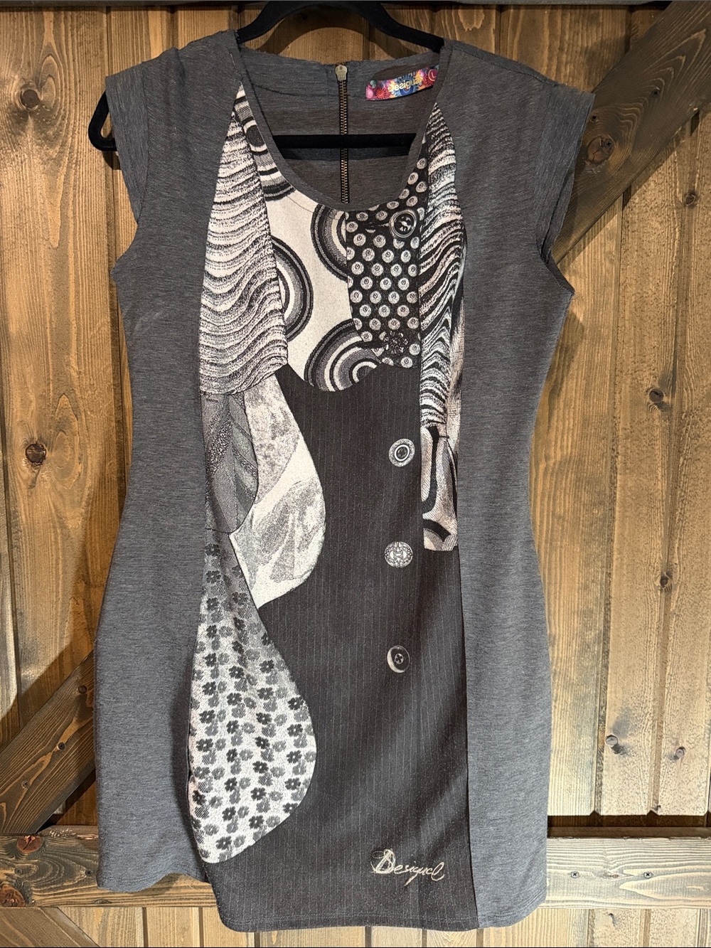 Desigual Grey Graphic Panel Cap-Sleeve Dress